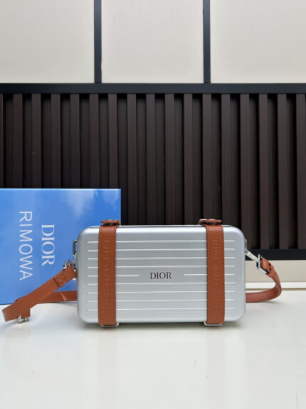 DIOR & RIMOWA Limited Edition Mini Trunk Bag   Silver with Brown Strap