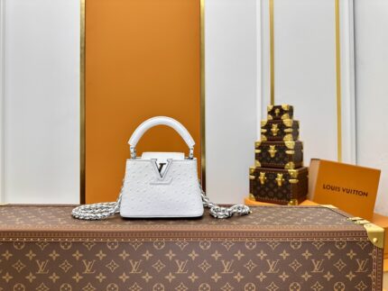 LOUIS VUITTON M83115 White CAPUCINES Mini Ostrich Pattern with Woven Chain Handbag