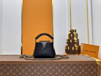 LOUIS VUITTON M83115 Black CAPUCINES Mini Ostrich Pattern with Woven Chain Handbag
