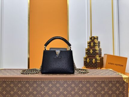 LOUIS VUITTON M83116 Black CAPUCINES Small Size Ostrich Pattern with Woven Chain Handbag