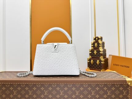 LOUIS VUITTON M83117 White CAPUCINES Medium Ostrich Pattern with Woven Chain Handbag