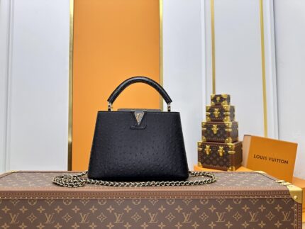 LOUIS VUITTON M83117 Black CAPUCINES Medium Ostrich Pattern with Woven Chain Handbag