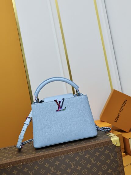 LOUIS VUITTON M22054 Light Blue with Colorful Logo CAPUCINES BB Handbag
