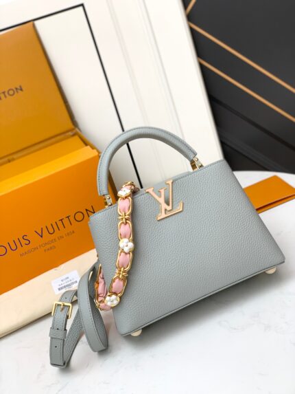 LV M23280 Misty Gray-Blue with White Shell Buckle Capucines BB Handbag Large Size