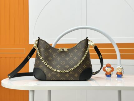 Monogram black leather chain with werewolf embroidery vertical shopping bag