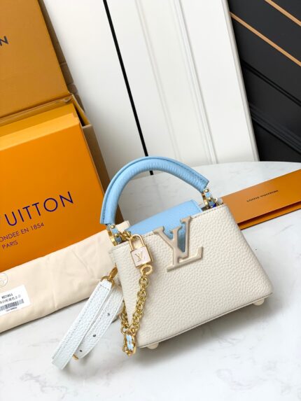 Louis Vuitton CAPUCINES Handbag White with blue handles Mini