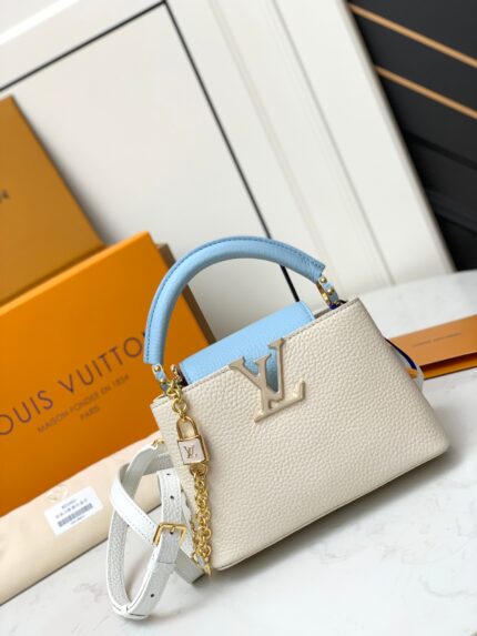 Louis Vuitton CAPUCINES Handbag White with blue handles Medium size