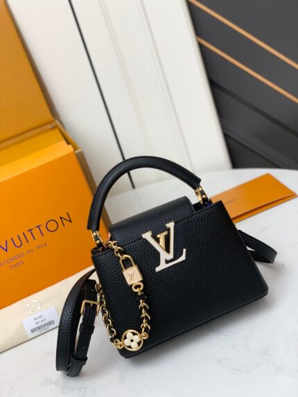 Louis Vuitton Capucines Mini Handbag Black with white logo