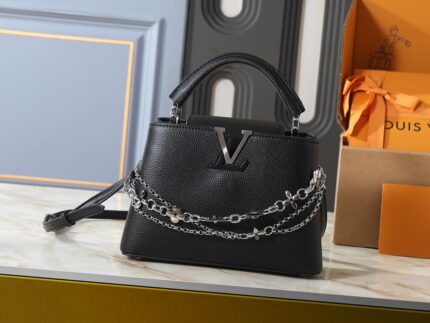 LOUIS VUITTON Capucines Medium Size Handbag  Black Silver Logo