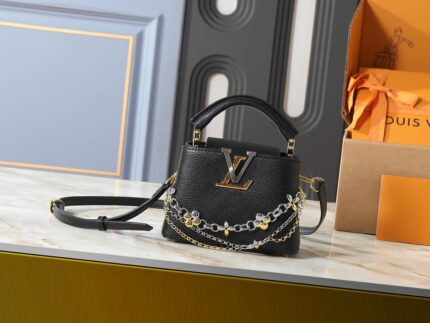 LOUIS VUITTON Capucines Small Size  Handbag  Black Gold Logo