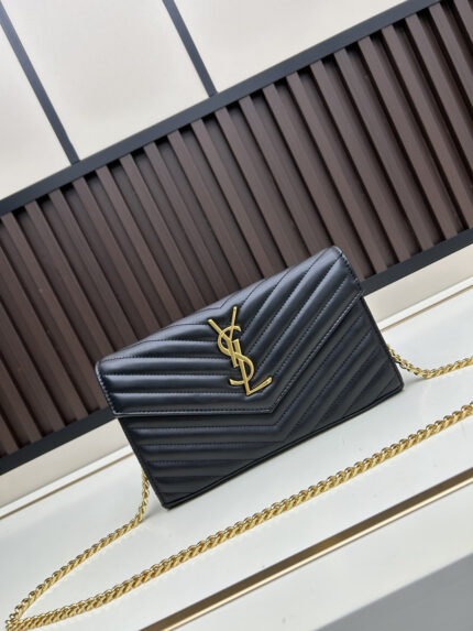 YSL Premium Caviar Envelope Black with Gold Chain