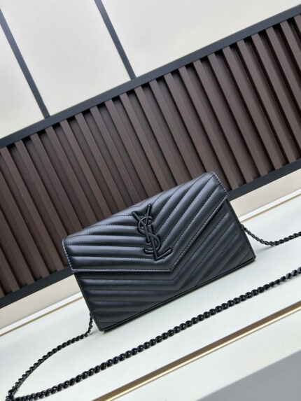 YSL Premium Caviar Envelope Black with Black  Chain