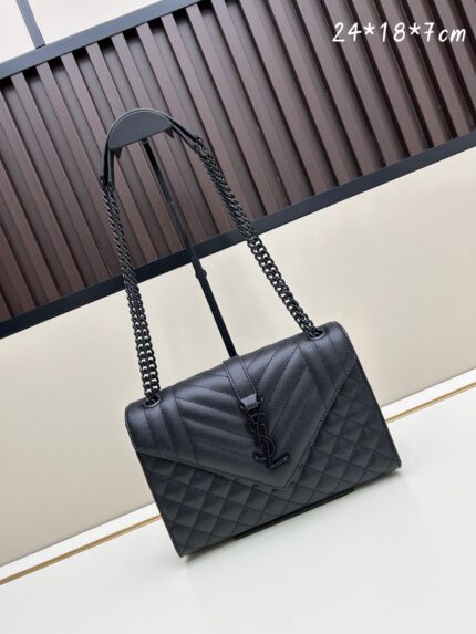 YSL Caviar Grained Calfskin Leather Envelope Bag Series Black with Black Chain