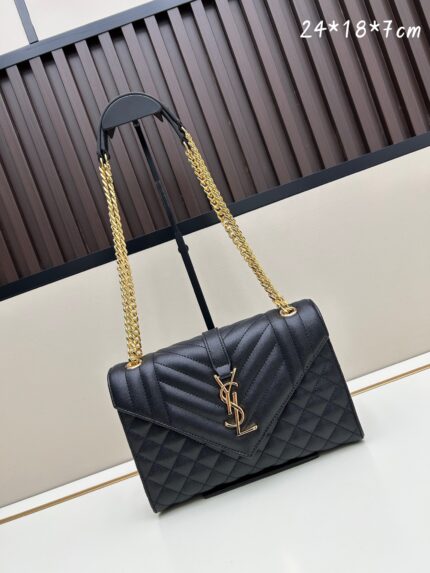 YSL Caviar Grained Calfskin Leather Envelope Bag Series Black with  Gold Chain