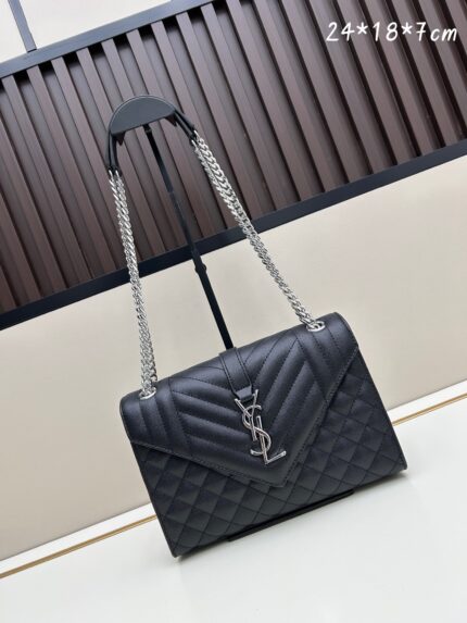 YSL Caviar Grained Calfskin Leather Envelope Bag Series Black with  Silver Chain