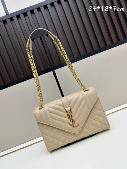 YSL Caviar Grained Calfskin Leather Envelope Bag Series Cream White with Gold Chain