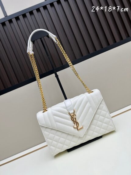 YSL Caviar Grained Calfskin Leather Envelope Bag Series White with Gold Chain