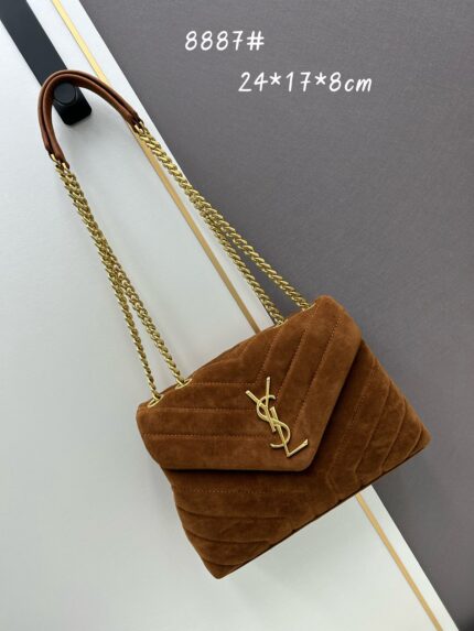 YSL LOU LOU Medium Size Suede Chain Shoulder Bag Brown
