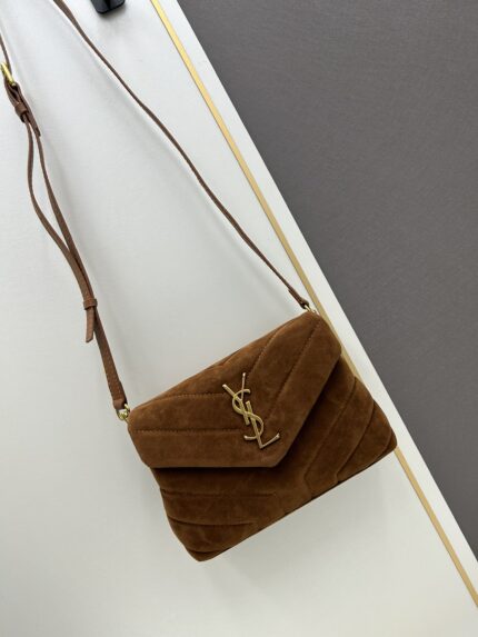 YSL LOU LOU Small Size Suede Chain Shoulder Bag Brown