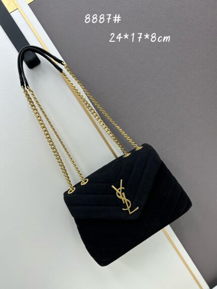YSL LOU LOU Medium Size Suede Chain Shoulder Bag Black
