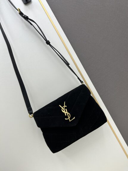 YSL LOU LOU Small Size Suede Chain Shoulder Bag Black