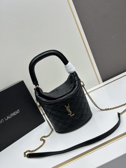 YSL GABY Series  Mini Lambskin  Fortune  Bucket Bag Top Handle Bag Black