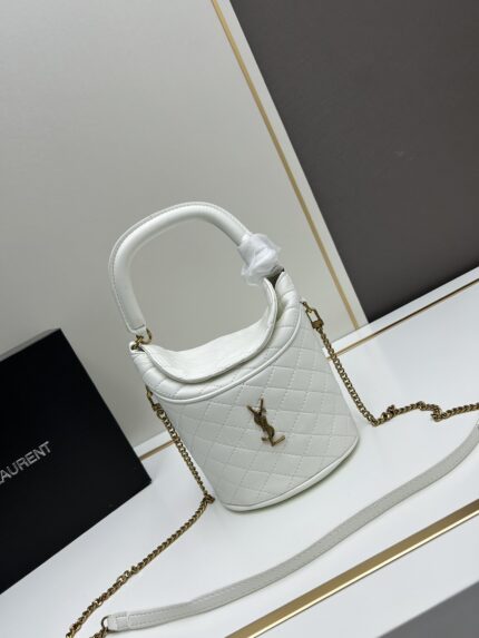 YSL GABY Series  Mini Lambskin  Fortune  Bucket Bag Top Handle Bag White