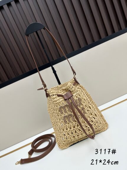 MiuMiu new bucket bag  woven charm bag Brown