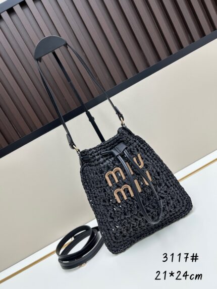 MiuMiu new bucket bag  woven charm bag Black